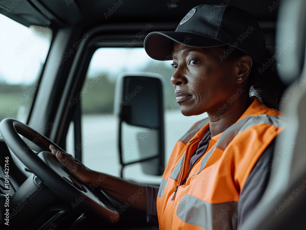 Female truck driver in a bright orange safety vest, sitting behind the wheel in the driver’s seat, representing transportation and logistics industry Female truck driver in a bright orange safety vest, sitting behind the wheel in the driver’s seat, representing transportation and logistics industry