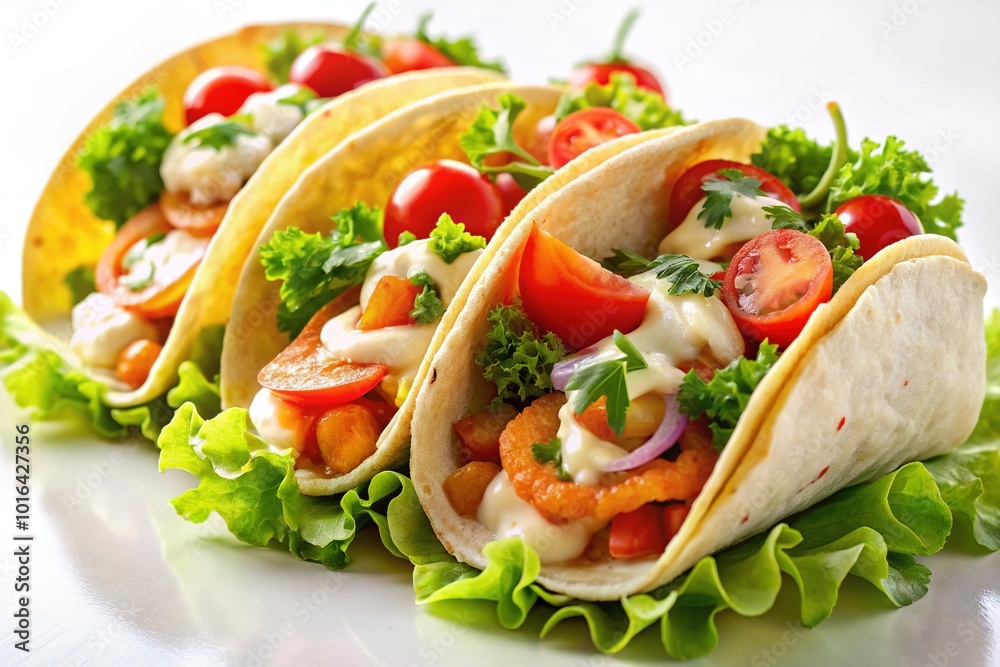 Freshly prepared shrimp tacos on a pristine white background, garnished with vibrant lettuce, juicy tomatoes, and a dollop of creamy sauce. Freshly prepared shrimp tacos on a pristine white background, garnished with vibrant lettuce, juicy tomatoes, and a dollop of creamy sauce.