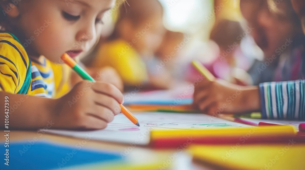 Children engaged in drawing and coloring activities in a classroom setting. Children engaged in drawing and coloring activities in a classroom setting.