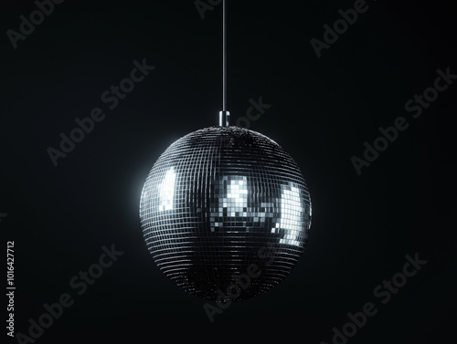 Shiny disco ball hanging against a black background, representing nightlife, music, and retro party atmosphere photo