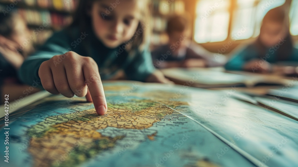 A child points at a map, exploring geography with peers in a warm, inviting setting. A child points at a map, exploring geography with peers in a warm, inviting setting.
