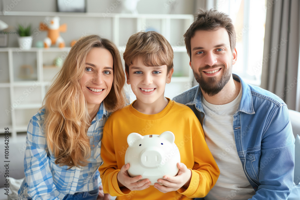 A kid boy holds piggy bank with mother and father. Happy family. AI generative A kid boy holds piggy bank with mother and father. Happy family. AI generative