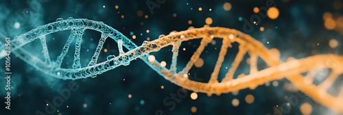 A close-up of a double helix DNA strand with blue and orange coloring against a dark background.