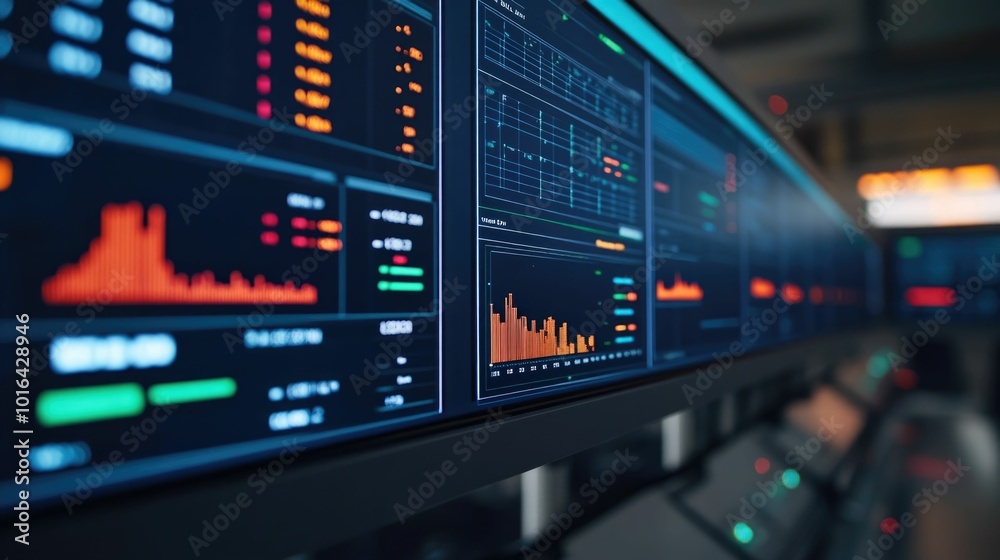 Digital display panel showing data analytics performance metrics and process improvement tracking for manufacturing control and production optimization Digital display panel showing data analytics performance metrics and process improvement tracking for manufacturing control and production optimization