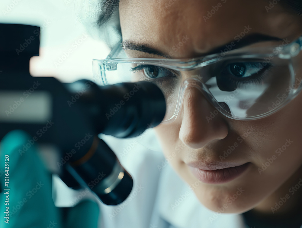 Close-up of a scientist examining samples through a microscope, highlighting research, discovery, and laboratory work Close-up of a scientist examining samples through a microscope, highlighting research, discovery, and laboratory work