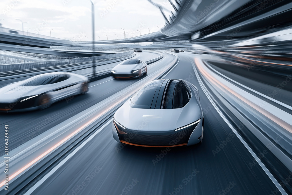 Fototapeta premium Futuristic cars on a multi-lane highway, showcasing advanced autonomous vehicles in motion with sleek, aerodynamic designs on a modern, elevated roadway.