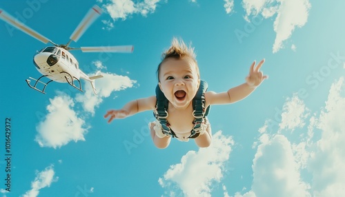 smiling baby dressed in a red jumpsuit skydiving under a bright blue sky. The baby, wearing a tiny backpack, joyfully floats mid-air with a helicopter in the background, capturing a whimsical and adve photo