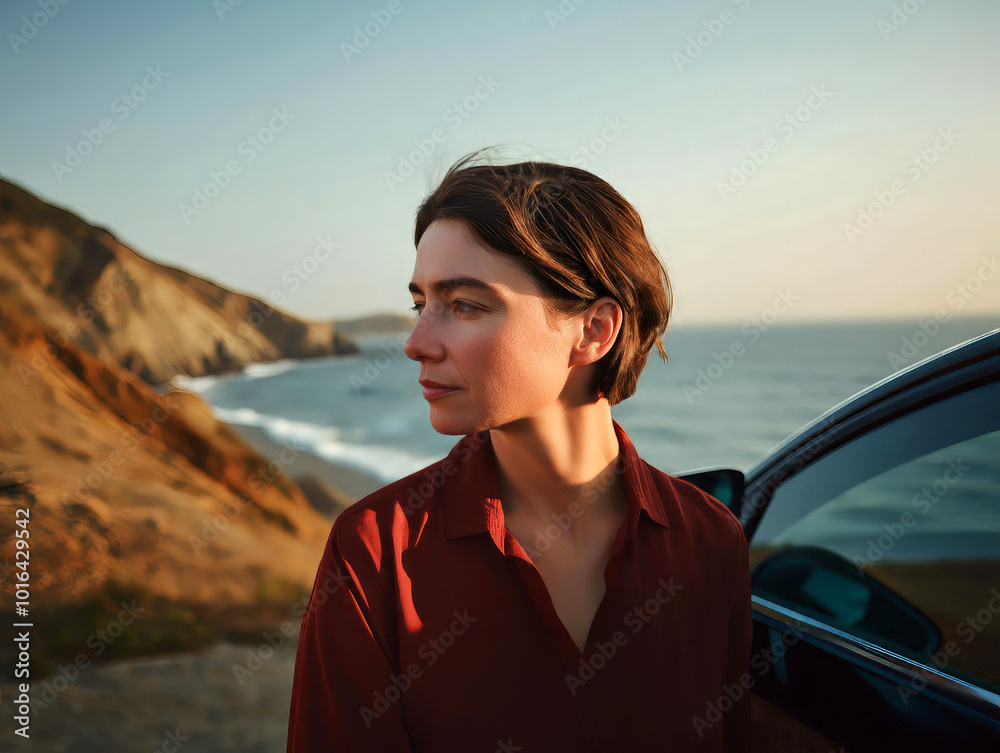 Thoughtful woman standing by the ocean at sunset, with the sun casting a warm glow over the coastal landscape Thoughtful woman standing by the ocean at sunset, with the sun casting a warm glow over the coastal landscape