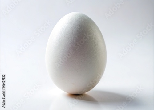 Isolated white egg stands out against a pristine white background, its smooth surface and delicate curves showcased in sharp high-contrast detail.