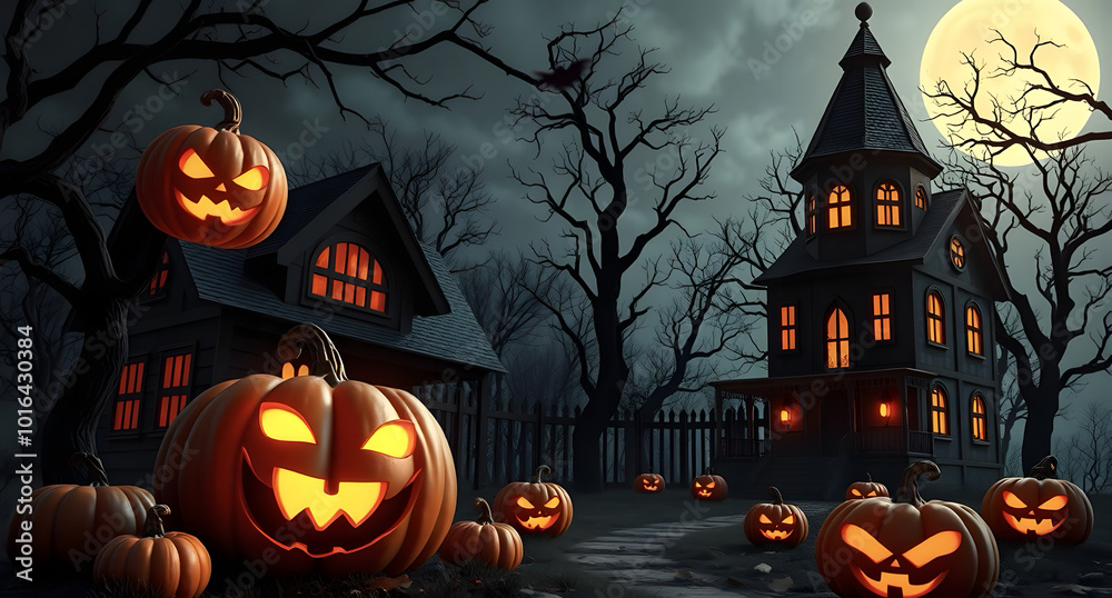 Halloween banner background idea. Background image with pumpkins and haunted house in 3D. Halloween background with aggressive pumpkin. Creepy, scary, dark night forest. Halloween banner background idea. Background image with pumpkins and haunted house in 3D. Halloween background with aggressive pumpkin. Creepy, scary, dark night forest.