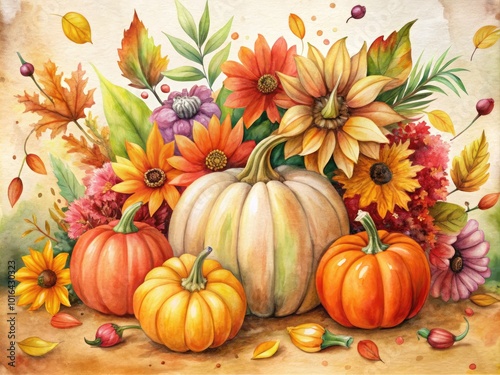 Vintage Watercolor Pumpkins and Autumn Decor for Holiday Design