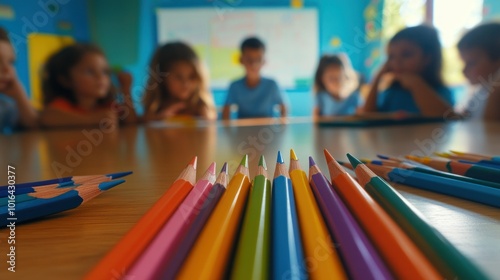 A classroom scene with children and colorful pencils on a table, emphasizing creativity.