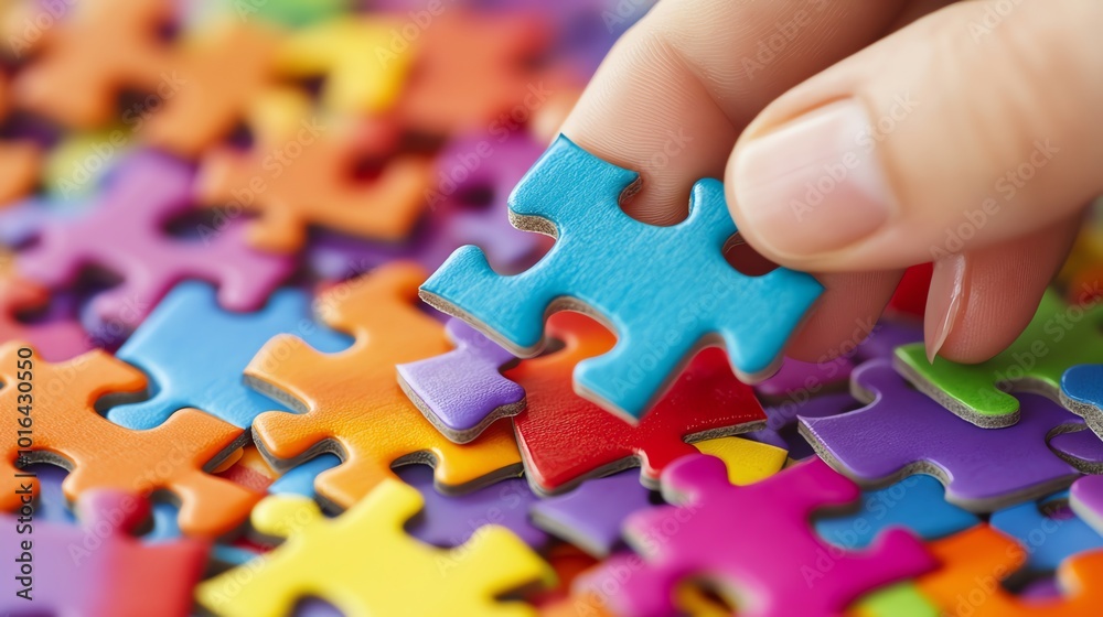 A hand places a blue puzzle piece into a puzzle of colorful pieces.