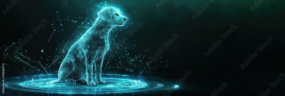 A glowing, digital representation of a dog surrounded by abstract elements. A glowing, digital representation of a dog surrounded by abstract elements.