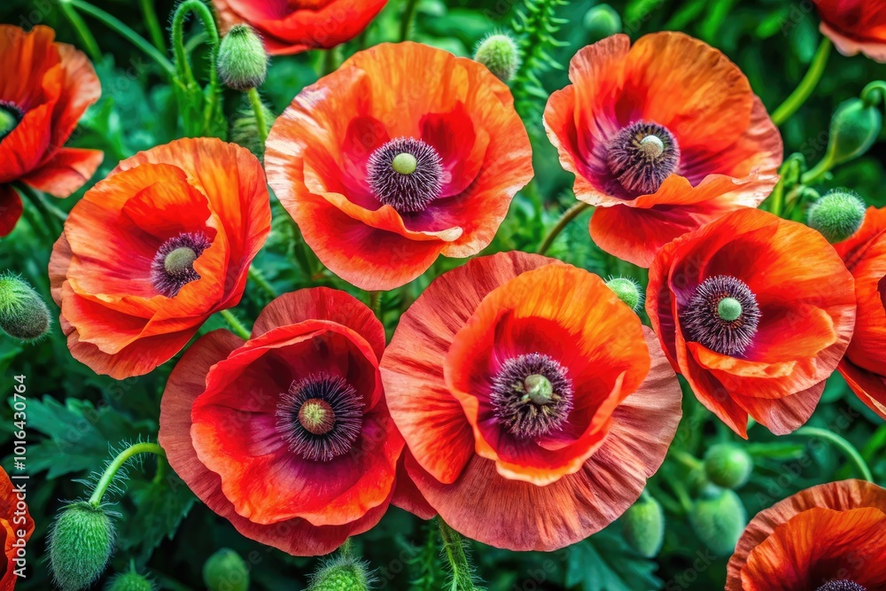 Obraz premium Stunning watercolor illustration of blooming poppies with vibrant red petals and delicate green leaves on canvas, capturing the essence of nature's beauty in a serene composition.