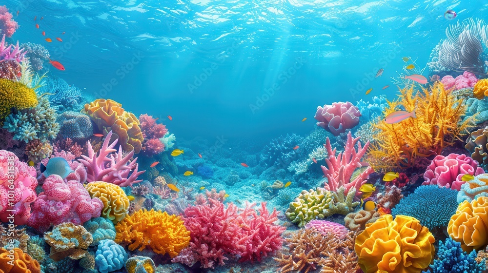 Fototapeta premium Vibrant Coral Reef Underwater Scene with Colorful Fish