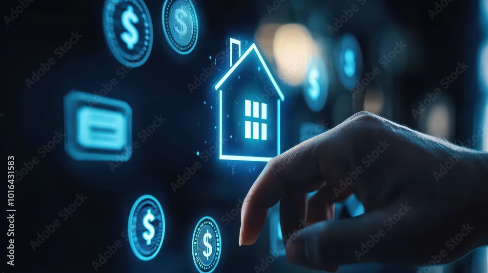 Naklejka premium A hand interacting with a digital interface displaying house and currency icons, representing real estate and investment.