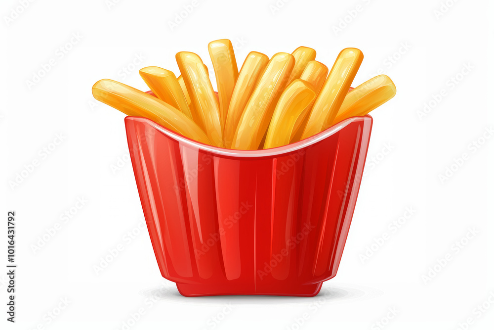 Crispy golden French fries in vibrant red container, perfect for snacking or sharing. These delicious fries are popular fast food item enjoyed by many Crispy golden French fries in vibrant red container, perfect for snacking or sharing. These delicious fries are popular fast food item enjoyed by many
