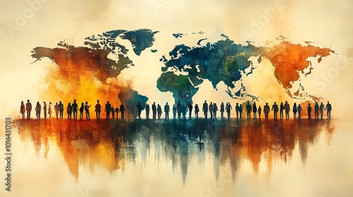 A vibrant silhouette of diverse people against a watercolor world map, symbolizing unity, diversity, and global connection.