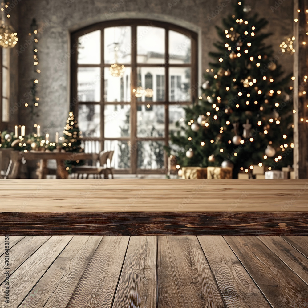 Beautiful empty wooden table, against the background of a New Year's interior with a Christmas tree