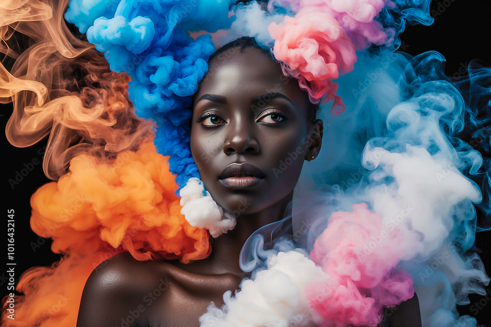 Surreal portrait of a woman with dark skin tone, vibrant swirling clouds of smoke enveloping her head, creating a mystical and dreamlike atmosphere. A captivating blend of beauty and mystery Surreal portrait of a woman with dark skin tone, vibrant swirling clouds of smoke enveloping her head, creating a mystical and dreamlike atmosphere. A captivating blend of beauty and mystery
