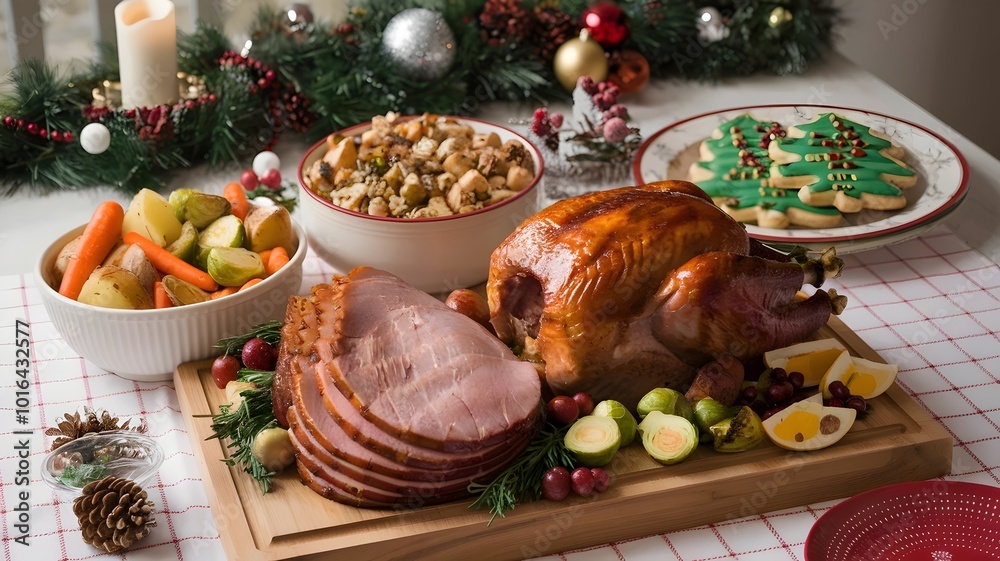 Christmas cutting board with roasted turkey, ham, and festive foods Christmas cutting board with roasted turkey, ham, and festive foods