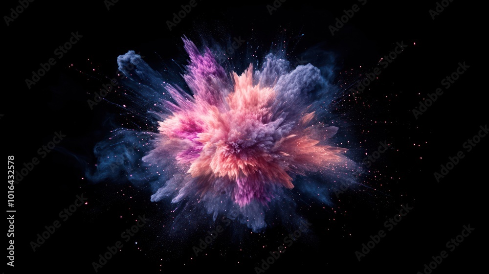 A vibrant explosion of pink, purple, and blue powder against a black background. A vibrant explosion of pink, purple, and blue powder against a black background.