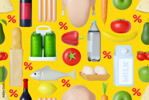 Vector food seamless pattern. 3d realistic vector with milk, sugar, flour, vanilla, eggs, mixer, baking powder, rolling, whisk, spoon vanilla bean, butter and kitchen dish. Natural food organic fruits