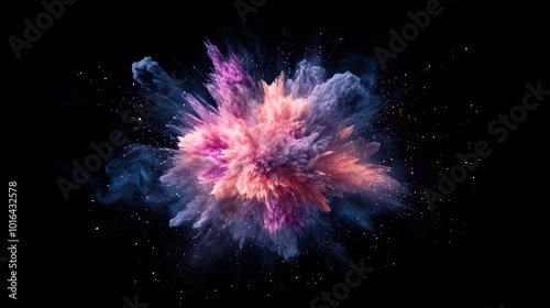 A vibrant explosion of pink, purple, and blue powder against a black background.