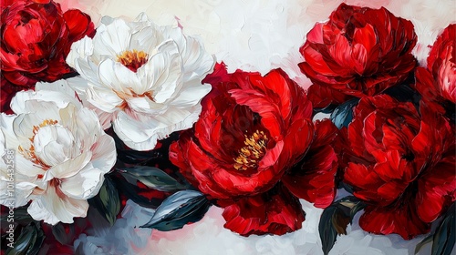 A vibrant floral arrangement featuring lush red and white roses against a soft background, showcasing detailed textures and colors.
