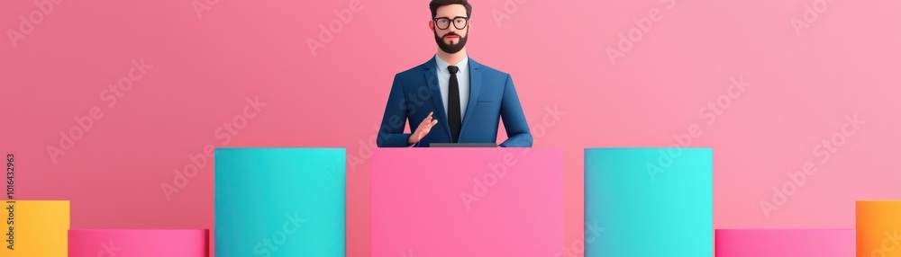 A professional man stands confidently at a colorful podium against a vibrant pink background, exuding charisma and engagement. A professional man stands confidently at a colorful podium against a vibrant pink background, exuding charisma and engagement.