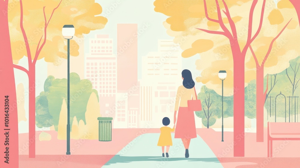 A mother strolls with her child through a vibrant park showcasing autumn foliage and cityscape A mother strolls with her child through a vibrant park showcasing autumn foliage and cityscape