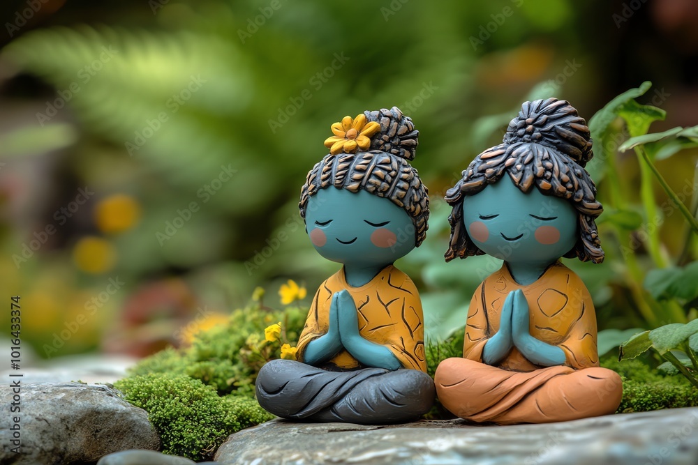 Fototapeta premium Two small clay figurines of people meditating, sitting in a lotus position with their eyes closed and hands together in prayer. The figurines are set against a background of green foliage.