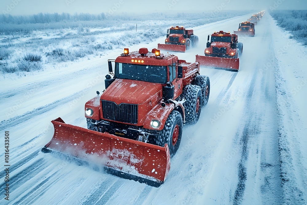 Aerial view of multiple snowplows remove snow after a heavy storm Aerial view of multiple snowplows remove snow after a heavy storm