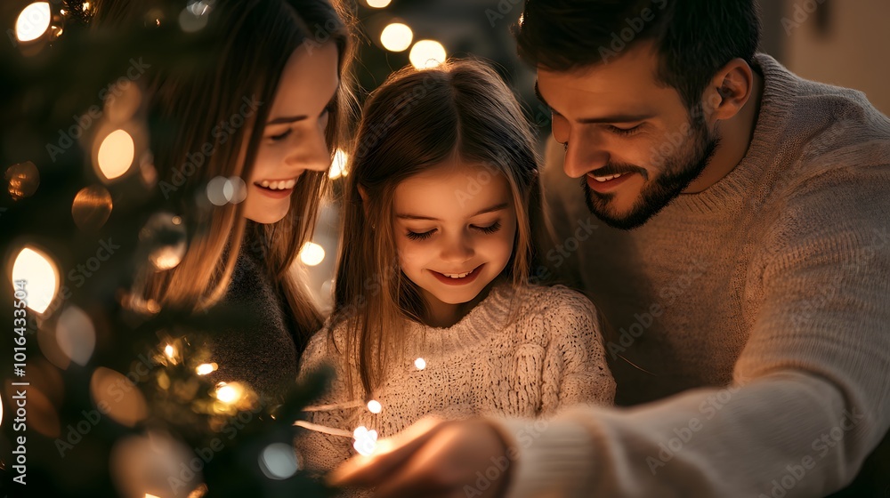 Family Holding Sparkler Under Christmas Lights Family Holding Sparkler Under Christmas Lights