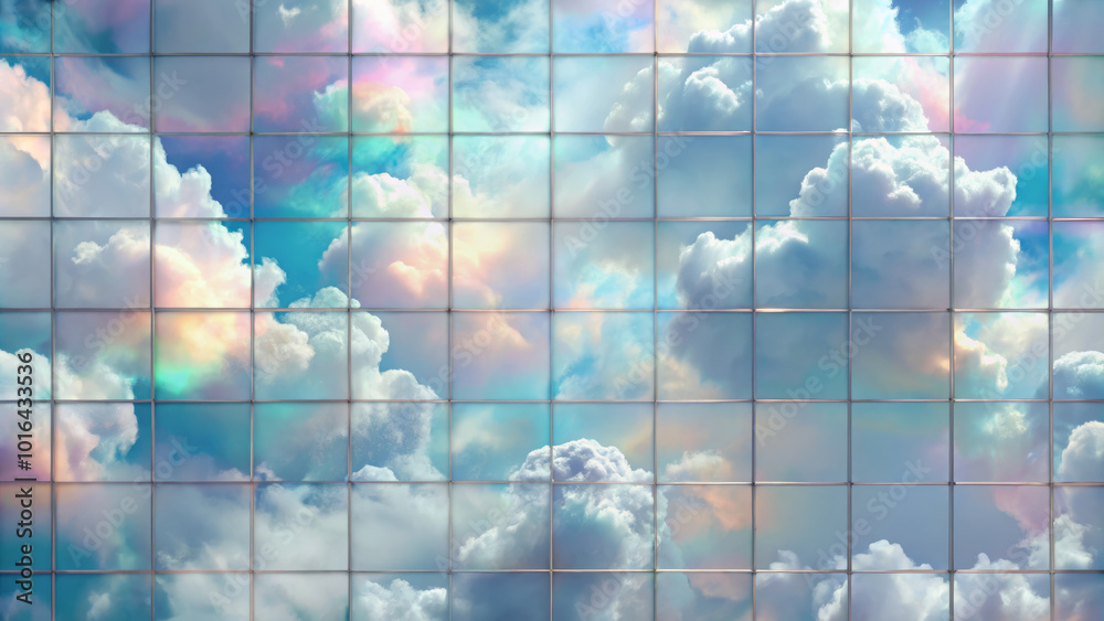 Obraz premium Serene soft gray iridescent clouds float peacefully in bright blue sky, creating tranquil and dreamy atmosphere. clouds are beautifully arranged in grid pattern, enhancing visual appeal