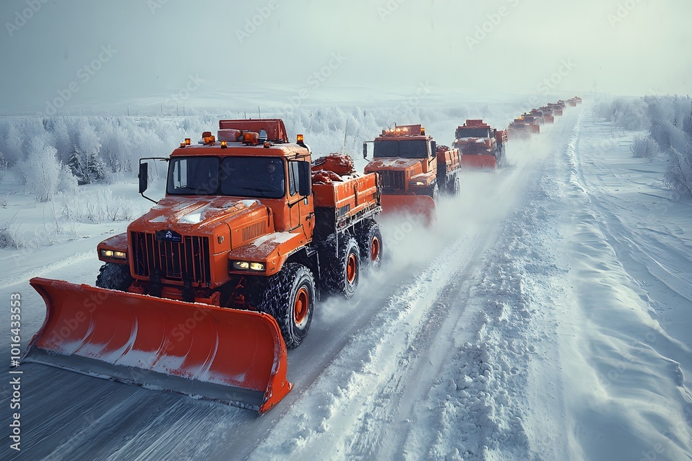 Aerial view of multiple snowplows remove snow after a heavy storm Aerial view of multiple snowplows remove snow after a heavy storm