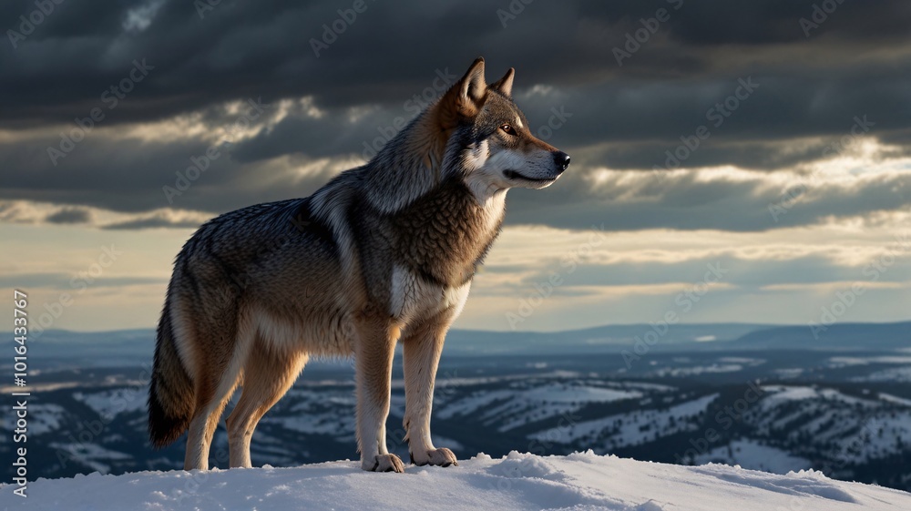 Alone wolf standing on a snow-covered hill, gazing into the distance, with a dramatic winter sky in the background. Alone wolf standing on a snow-covered hill, gazing into the distance, with a dramatic winter sky in the background.