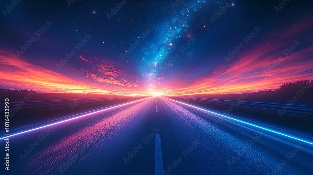 A vibrant sunset over a futuristic road, illuminated by blue lights, leading towards a starry galaxy, creating a sense of exploration and wonder. A vibrant sunset over a futuristic road, illuminated by blue lights, leading towards a starry galaxy, creating a sense of exploration and wonder.