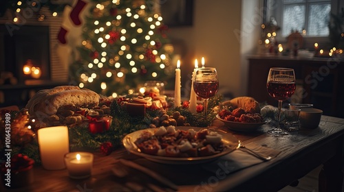 A table is set with a Christmas tree in the background and a variety of food