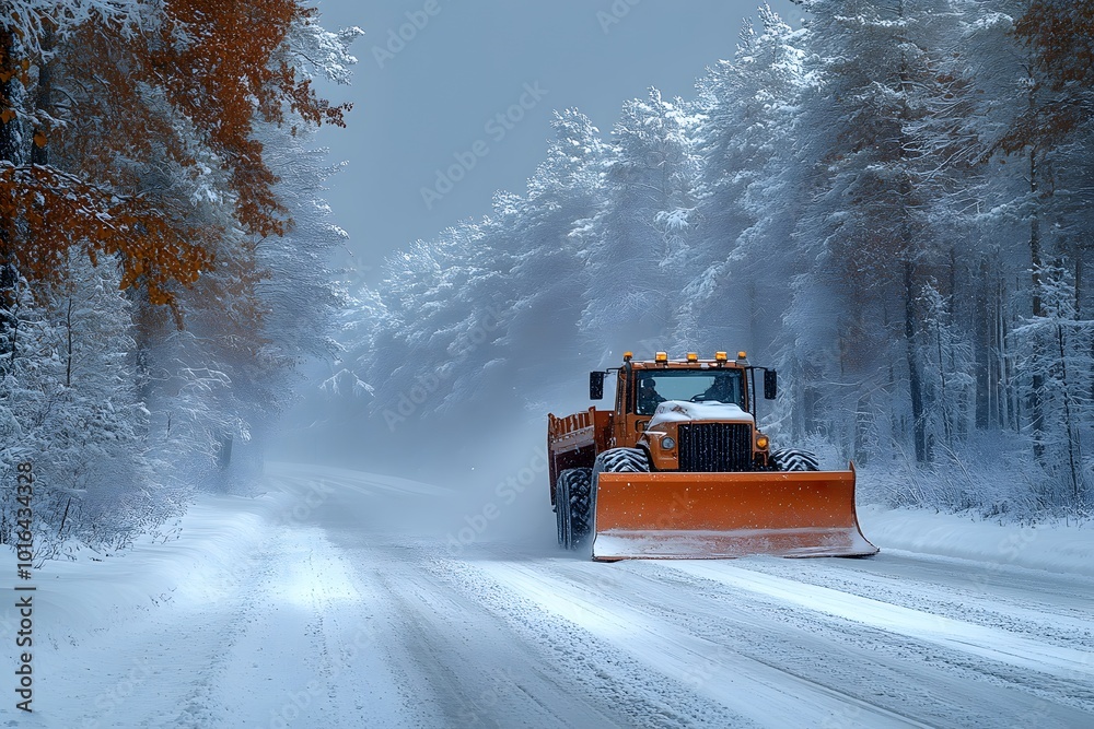 Snowplow Clearing A Rural Road, With A Snow-covered Forest In The Background Snowplow Clearing A Rural Road, With A Snow-covered Forest In The Background