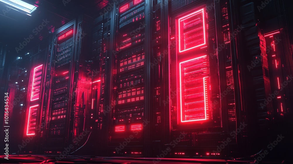 Obraz premium Futuristic server data center with red neon lights