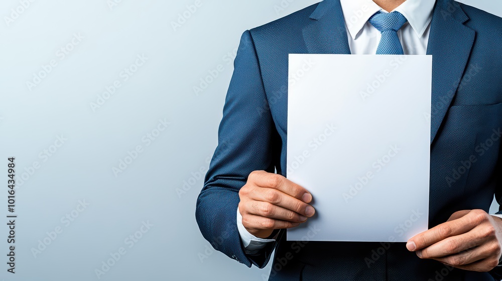 Businessman holding a blank document, ready for a presentation, against a light blue background. Businessman holding a blank document, ready for a presentation, against a light blue background.