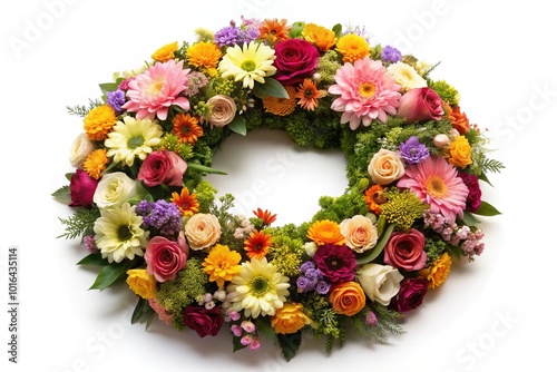 Vibrant artificial flowers arranged in a circular funeral wreath, delicately placed on a pristine white background, exuding a somber yet elegant tribute to a loved one.