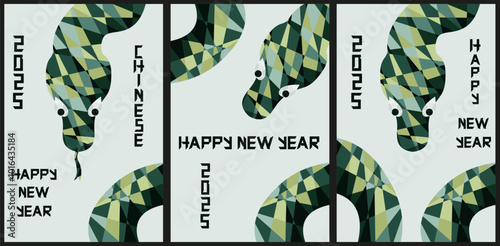 Low poly style 2025 new year greeting card cover collection. Set of low poly greeting 2025 poster with snake. Vector illustration can used holiday 2025 social media art. EPS 10