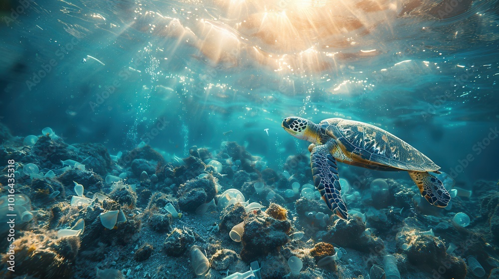 Sea Turtle Swimming Among Coral Reef and Rays of Light Sea Turtle Swimming Among Coral Reef and Rays of Light