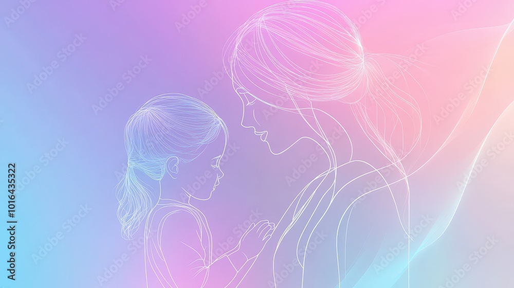 A mother gently interacts with her child, showcasing a loving bond in a dreamy pastel setting A mother gently interacts with her child, showcasing a loving bond in a dreamy pastel setting