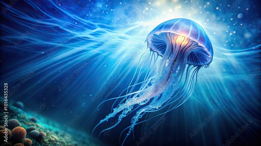 Naklejka premium Panoramic jellyfish swirl of blue energy and light underwater