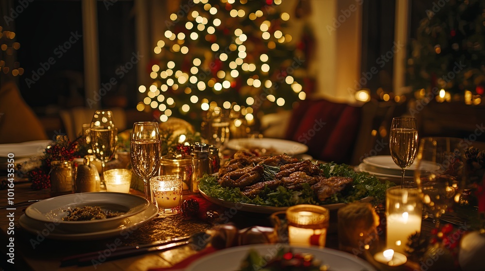 A table is set with a Christmas tree in the background and a variety of food