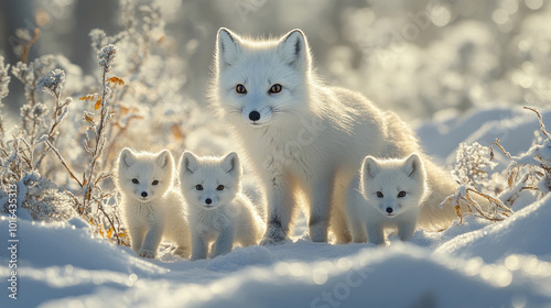 A family of arctic foxes playing in the snow, their white fur blending seamlessly into the icy landscape